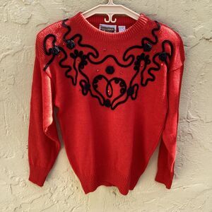 Vintage red sweater with rhinestone and flower details 80s M